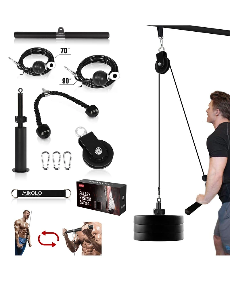 Mikolo Fitness Lat and Lift Pulley System, Dual Cable Machine(70'' and 90'') with Upgraded Loading Pin for Triceps Pull Down, Biceps Curl, Back, Forea