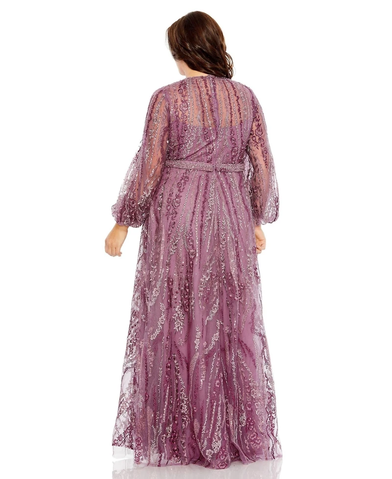 Mac Duggal Women's V-Neck Puff Sleeve Embroidered A Line Gown
