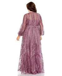 Mac Duggal Women's V-Neck Puff Sleeve Embroidered A Line Gown