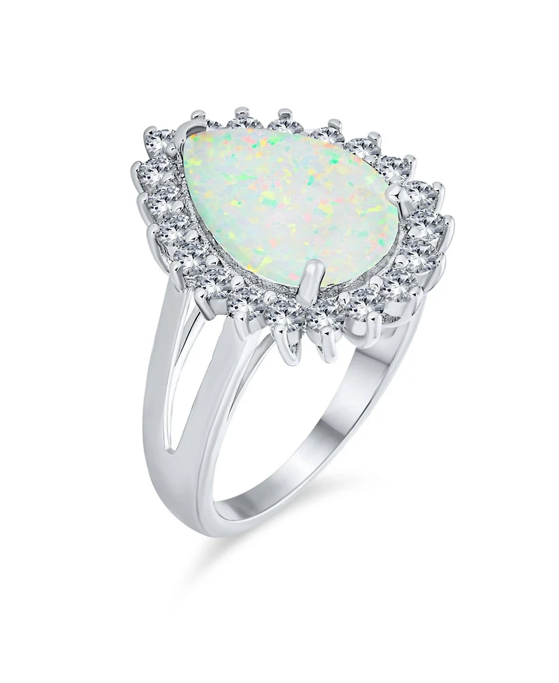 Bling Jewelry Created White Opal 10CT Halo Pear Shape Cocktail Statement Ring with Cathedral Setting Sterling Silver