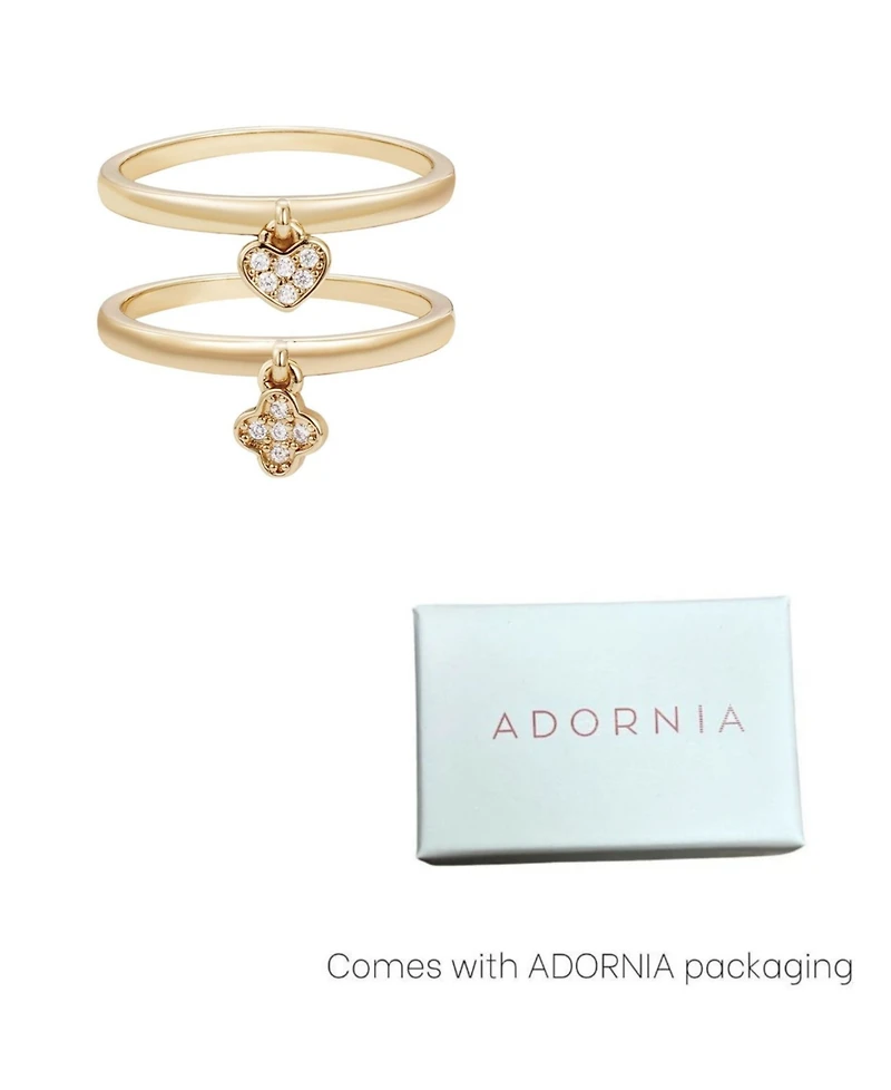 Adornia Gold Cubic Zirconia Dangling Heart and Clover Ring Set