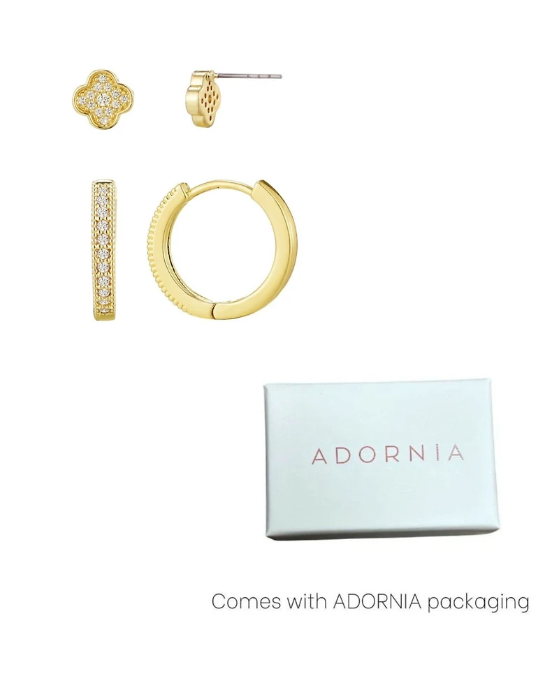 Adornia Gold Cubic Zirconia Huggie and Clover Stud Set