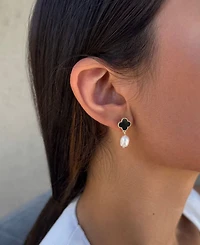 Adornia Gold Freshwater Pearl Black Clover Drop Earrings