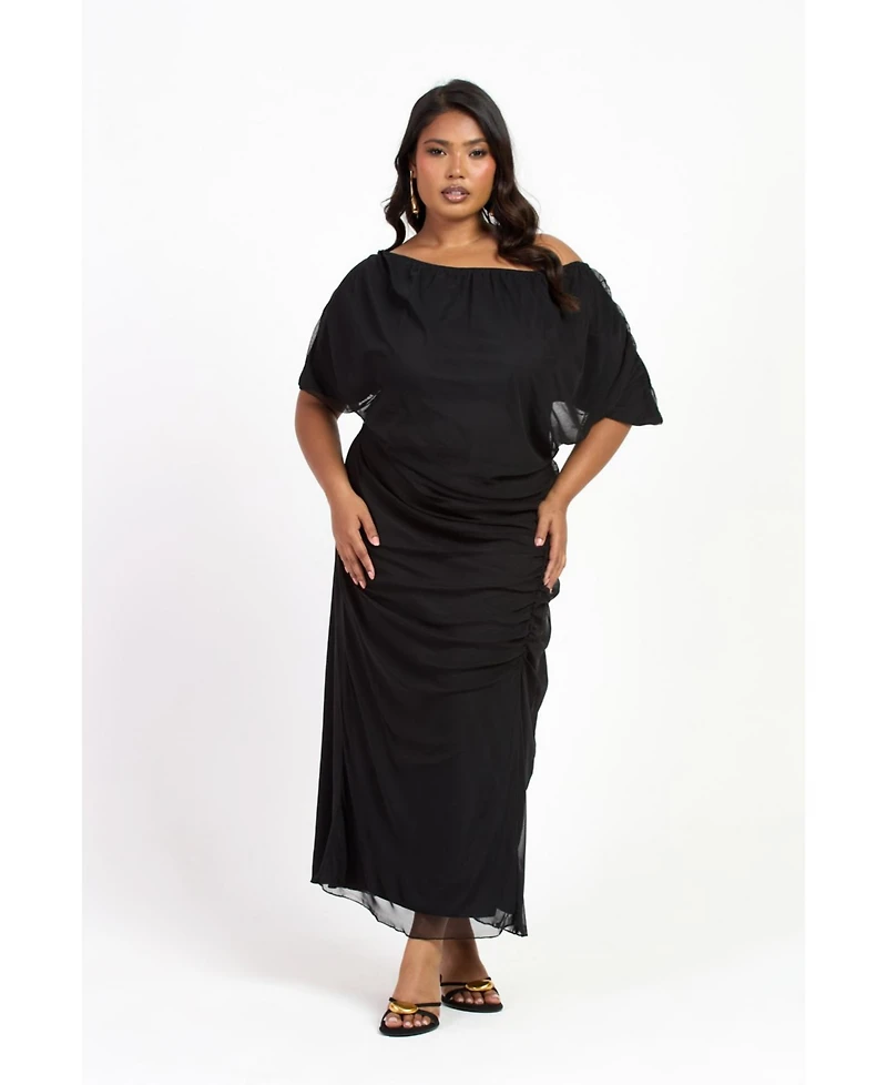 Fashion-szn Drop Shoulder Ruched Mesh Midaxi Dress