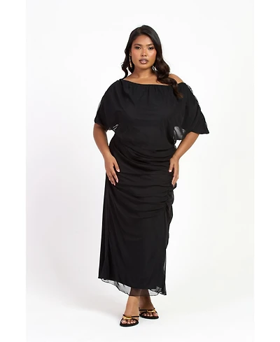Fashion-szn Drop Shoulder Ruched Mesh Midaxi Dress
