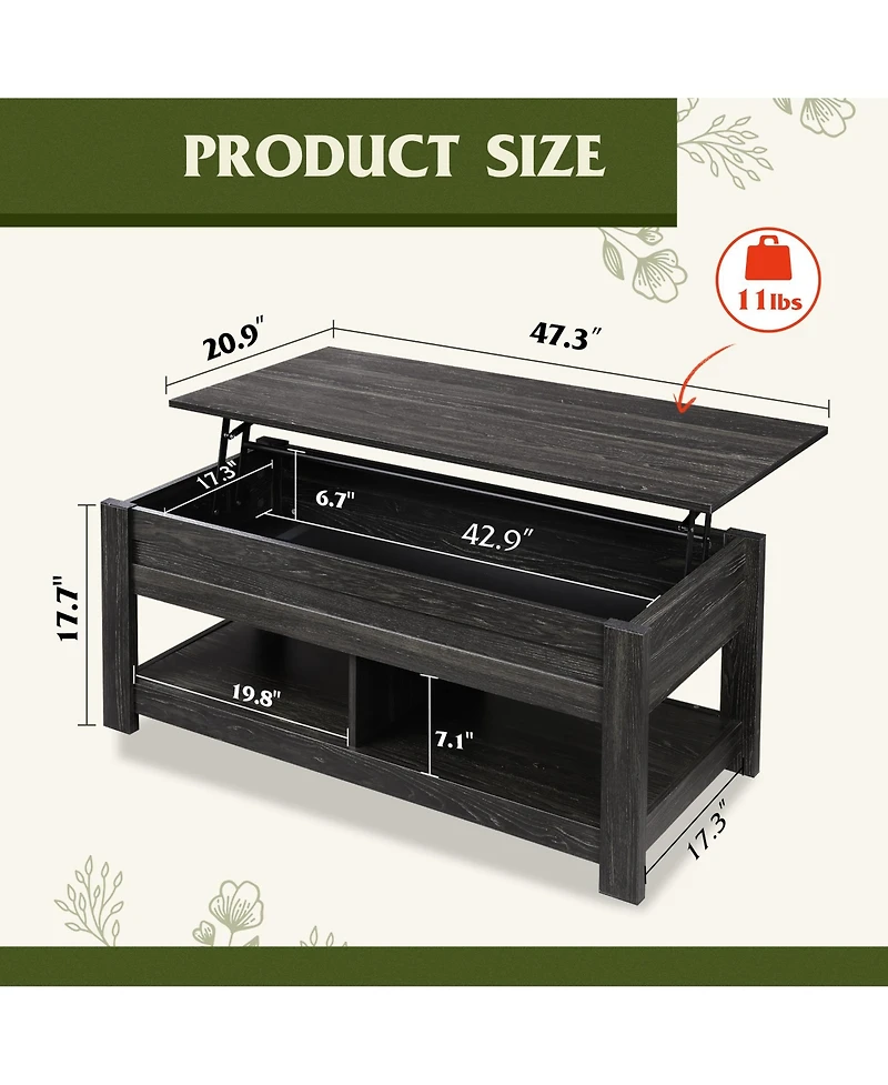 Wlive Coffee Table, 47" Lift Top Coffee Table with Hidden Compartment and 2 Storage Shelves for Living Room, Espresso