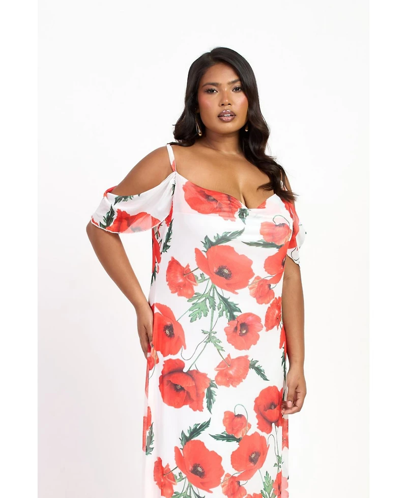 Fashion-szn Curve Women's Cold Shoulder Poppy Print Strappy Dress