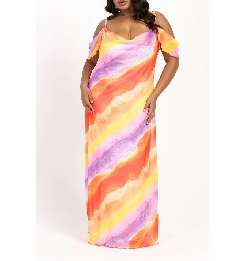 Fashion-szn Curve Cold Shoulder Marble Print Maxi Dress