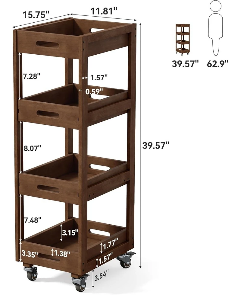 Tribesigns 4-Tier Slim Kitchen Rolling Cart with Wheels, Solid Wood Storage Cart