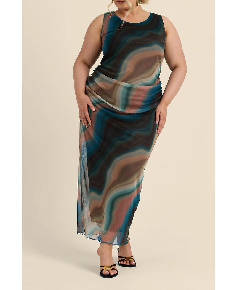 Fashion-szn Curve Women's Sleeveless Mesh Swirl Print Midaxi Dress