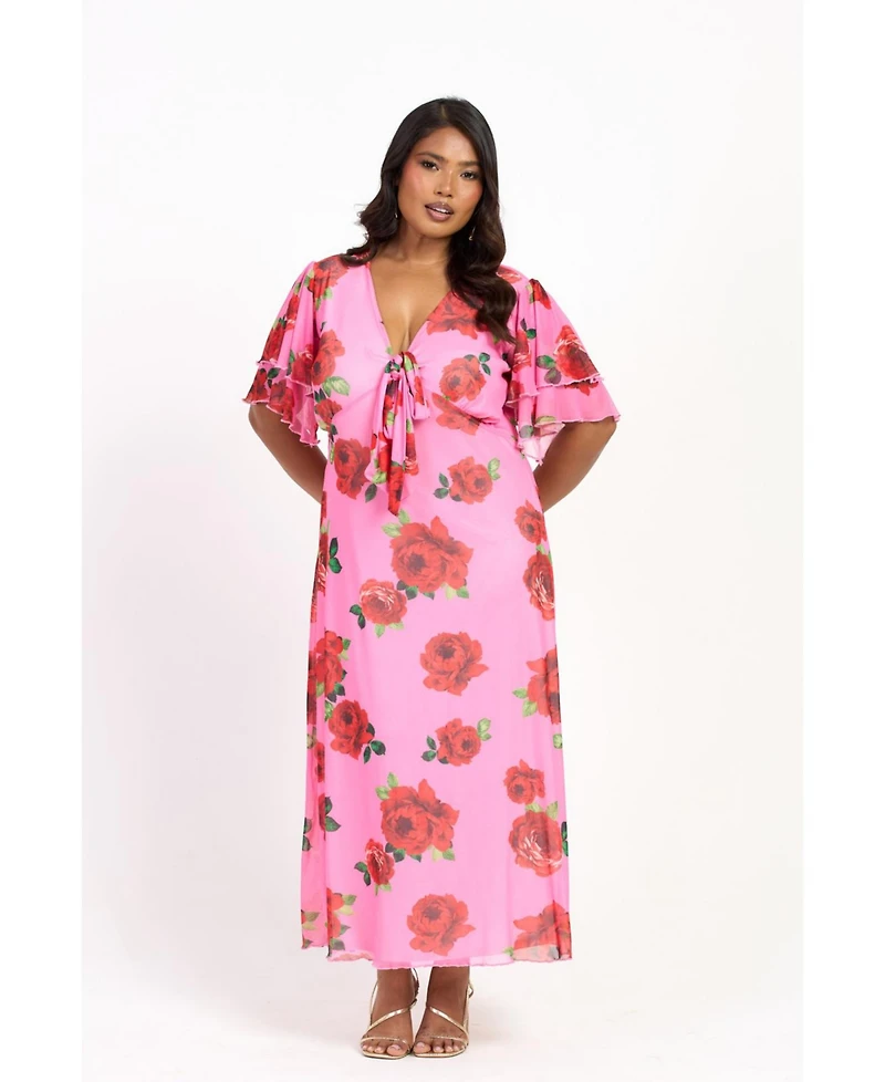 Fashion-szn Curve Women's Flutter Sleeve Tie Front Midi Dress