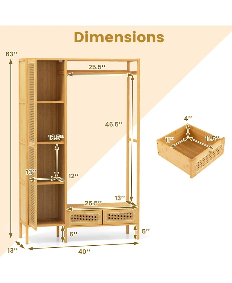 Costway Bamboo Clothing Rack with Cabinet Hanging Rod Storage Shelf & Drawers for Foyer