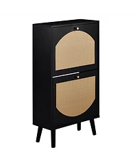 Slickblue Two Dump Buckets Shoe Cabinet with High-Leg Frame and Original Wood Rattan Surface