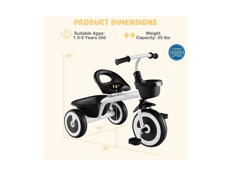 Toddler Tricycle with Adjustable Seat & Storage Baskets – White