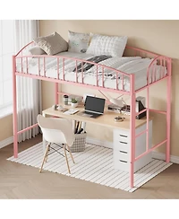 gaomon Loft Bed Twin Size, Heavy Duty Metal Loft Bed Frame with Arched Guardrail and Safety Ladder, Space-Saving, No Box Spring Needed, Pink
