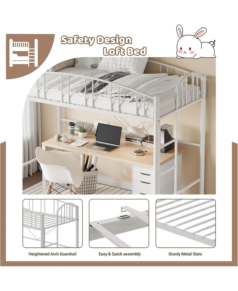 gaomon Loft Bed Twin Size, Heavy Duty Metal Loft Bed Frame with Arched Guardrail and Safety Ladder, Space-Saving, No Box Spring Needed, White