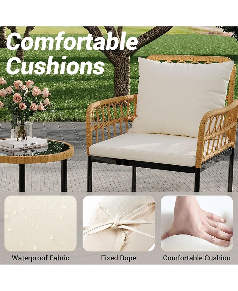 gaomon 3 Pieces Wicker Patio Bistro Sets Outdoor Conversation Sets with Glass Top Side Table and 2 Modern Rattan Chairs, Patio Furniture Set for Apart