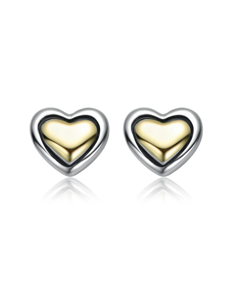 Genevive Sterling Silver Two-Tone Heart Design Stud Earrings