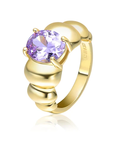 Genevive Sterling Silver 14K Gold Plated with Purple Cubic Zirconia Center Design Ring