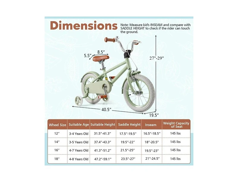 14-Inch Kids Bike with Adjustable Handlebar & Saddle – Green