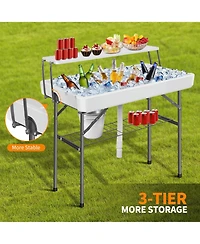 2-Tier Outdoor Portable Folding Ice Cooler Table with Removable Matching Skirt and Shelf