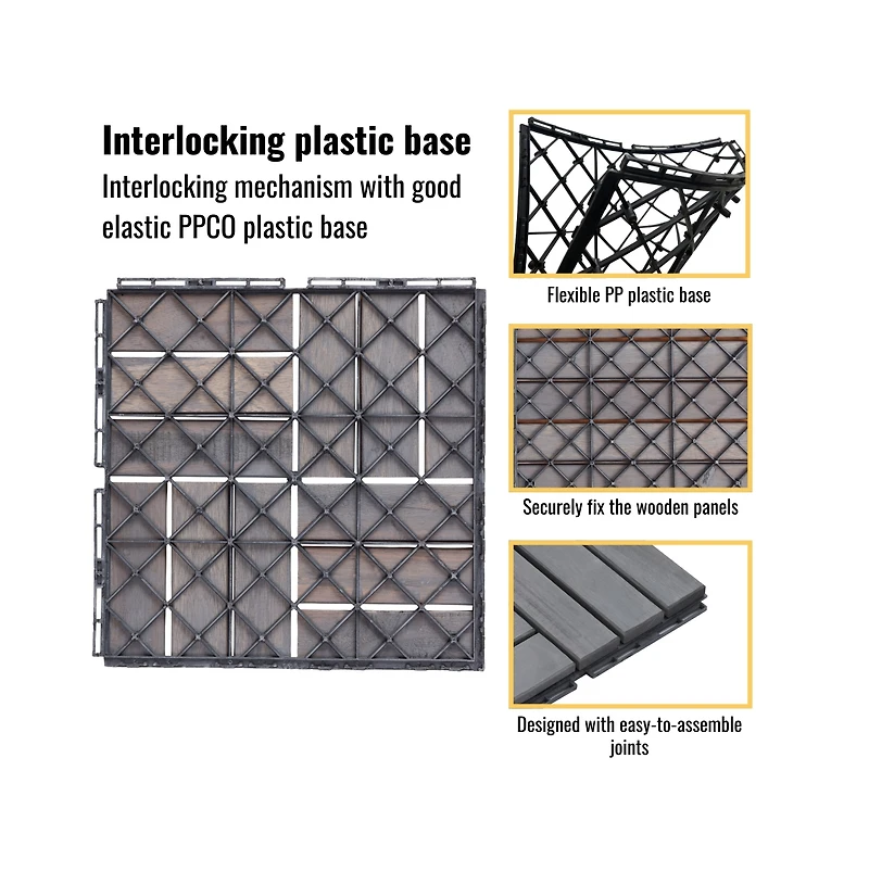 Chic Crate 30-Pack 12'' Acacia Hardwood Checker Pattern Interlocking Deck Tiles Light Gray