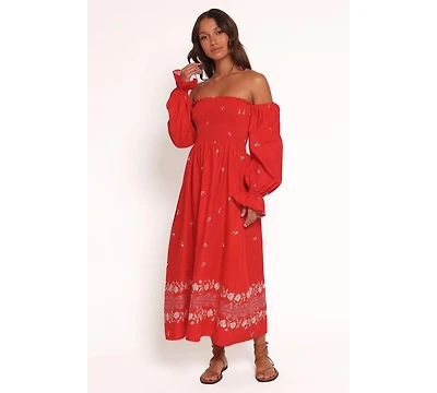 Petal and Pup Women's Domenica Shirred Long Sleeve Midi Dress - Red Floral Bandana