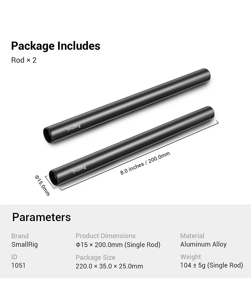 SmallRig 15mm Black Aluminum Alloy Rod Pair, M12 Thread, 8"