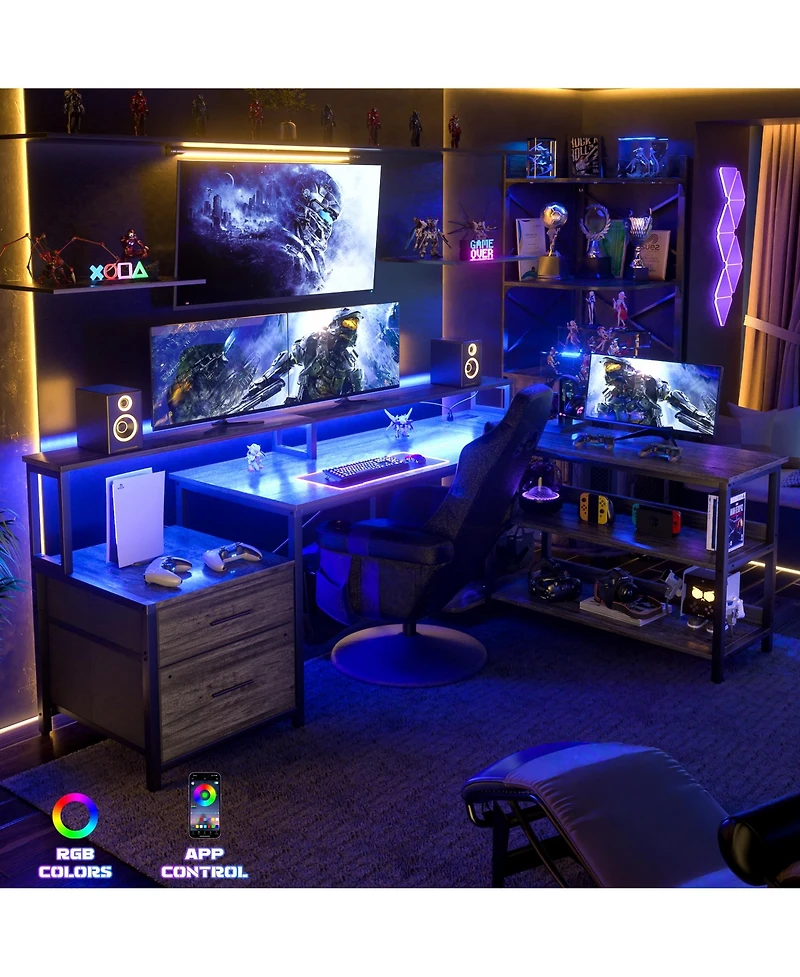 Aheaplus L-Shaped Computer Desk with Drawers and Monitor Shelf, Gaming Desks Led Strip