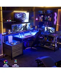 Aheaplus L-Shaped Computer Desk with Drawers and Monitor Shelf, Gaming Desks Led Strip