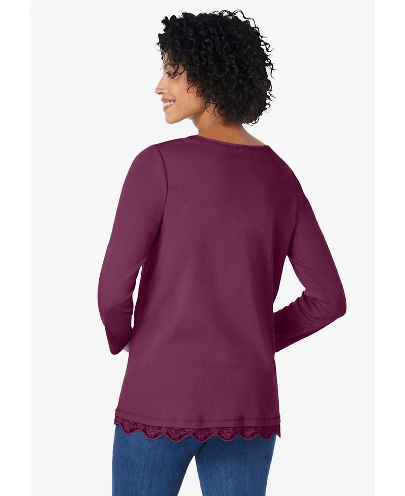 Woman Within Plus Layered-Look Lace Trim Tee