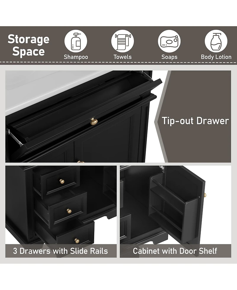Slickblue Bathroom Vanity with Sink Soft Closing Door Tip-Out Drawer and Three Drawers