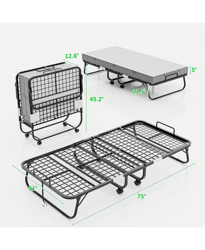 Folding Bed with Mattress, 75" x 31" Rollaway Bed with 6 Height Adjustable Options
