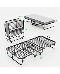 Folding Bed with Mattress, 75" x 31" Rollaway Bed with 6 Height Adjustable Options