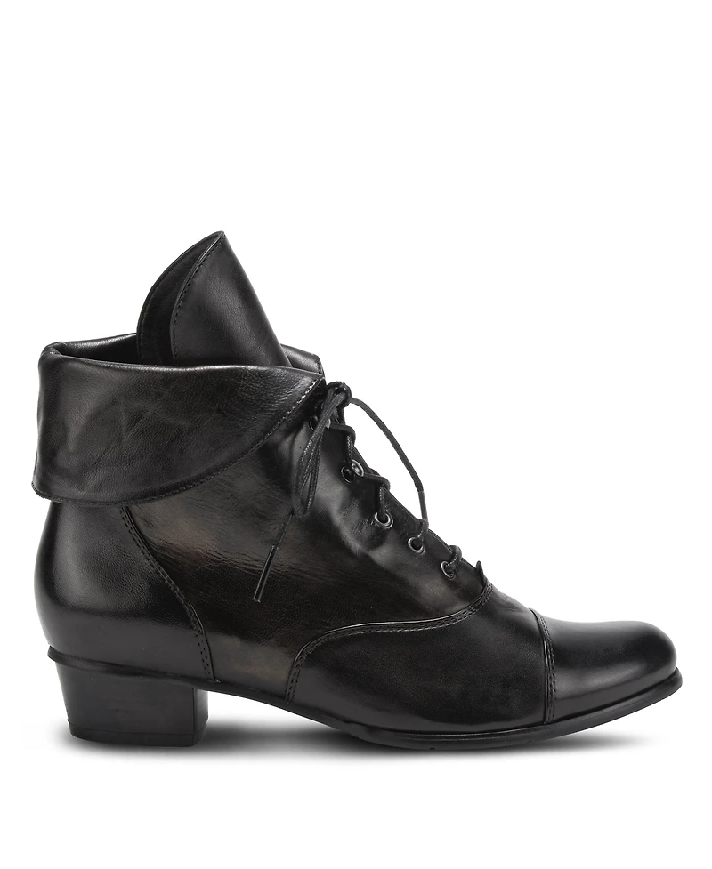 Spring Step Galil Polished Leather Lace-Up Bootie with Fold-Over Cuff and Stacked Heel