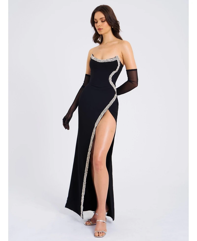 Miss Circle Women Xoana Black Crystal Embellished High Slit Gown