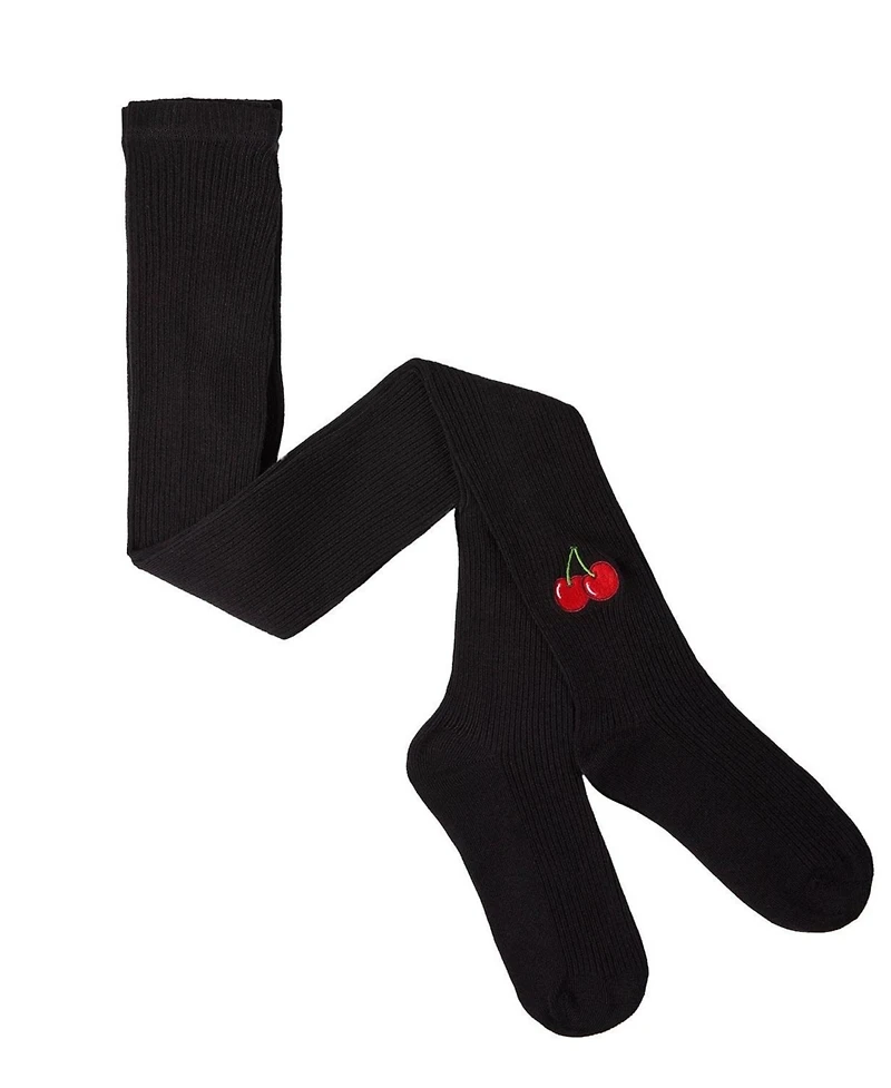 Memoi Little Girls Ribbed Cotton Rich Embroidered Cherry Sweater Tights