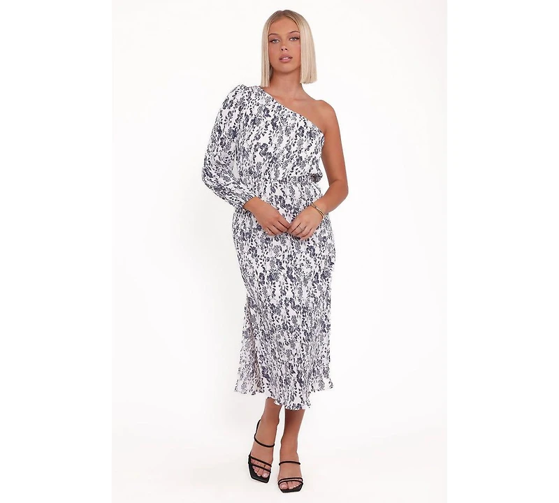 Petal and Pup Pontee One Shoulder Pleated Midi Dress - Navy Floral