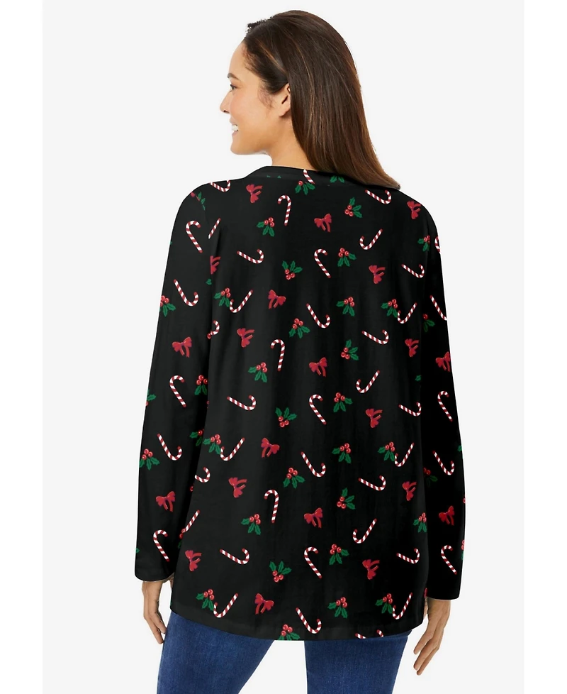 Woman Within Plus Perfect Printed Long-Sleeve Crewneck Tee