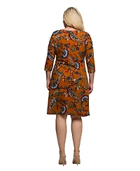 24seven Comfort Apparel Plus Elbow Sleeve Ruched Tulip Fall Print Mini Dress