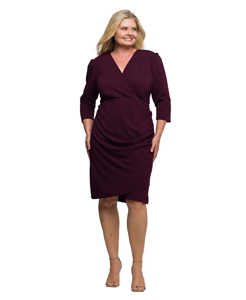 24seven Comfort Apparel Plus Solid Color V Neck Faux Wrap Dress