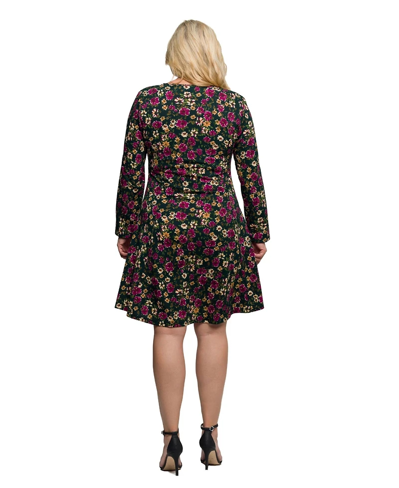 24seven Comfort Apparel Plus Floral Print Long Sleeve Fit and Flare Mini Dress