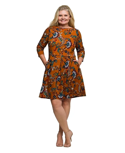24seven Comfort Apparel Plus Rust Paisley Print Fit Flare Knee Length Dress