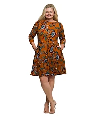 24seven Comfort Apparel Plus Rust Paisley Print Fit Flare Knee Length Dress