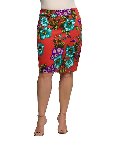 24seven Comfort Apparel Plus Orange Floral Print Knee Length Pencil Skirt