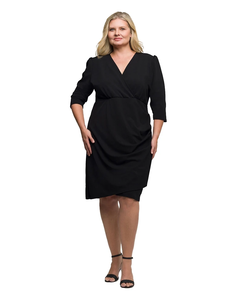 24seven Comfort Apparel Plus Solid Color V Neck Faux Wrap Dress