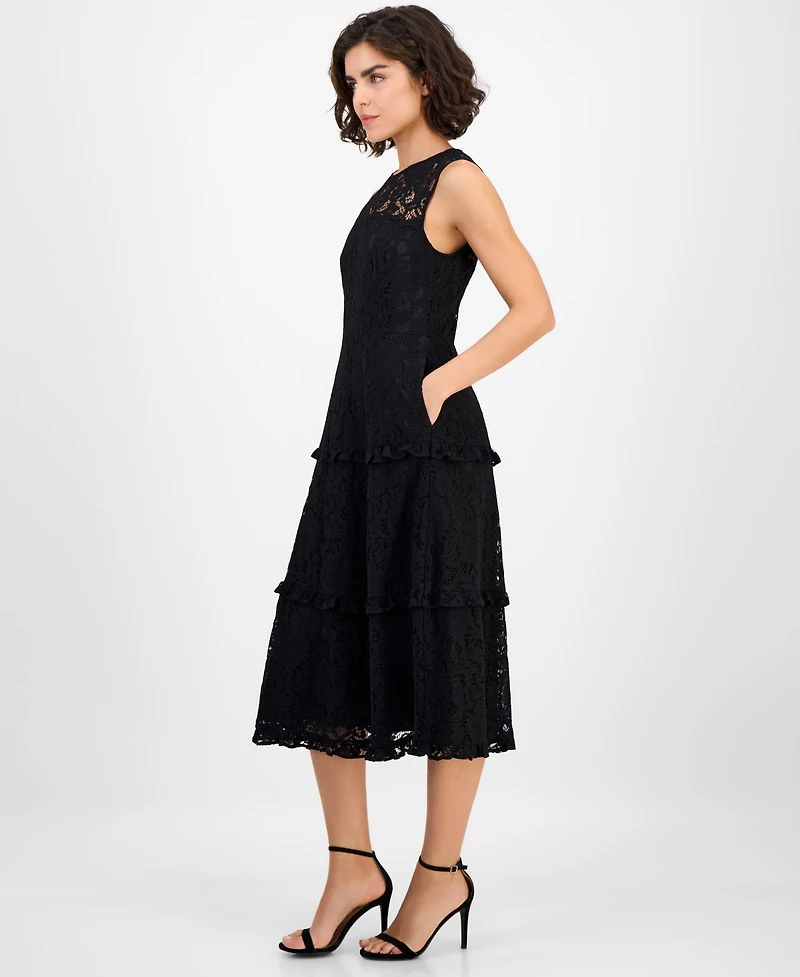 Anne Klein Women's Round-Neck Tiered Lace Midi Dress