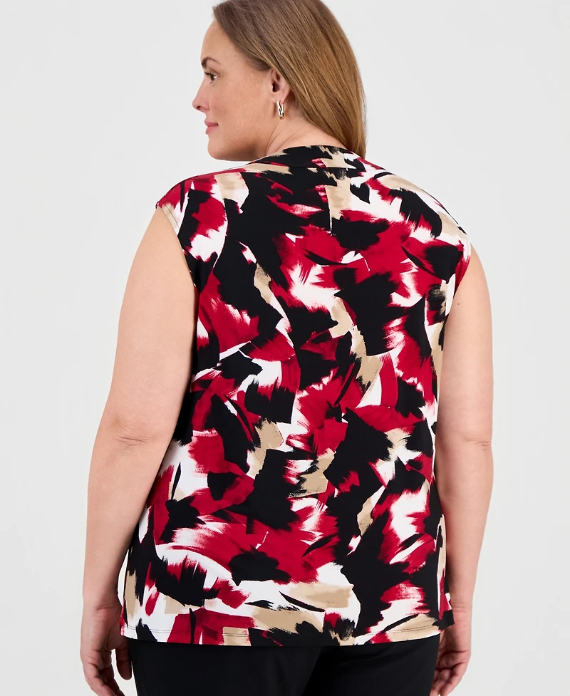 Kasper Plus Printed Cap-Sleeve Cowlneck Top