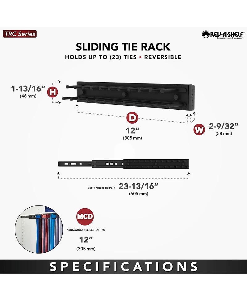 Rev-a-Shelf 12" Side Mount Extending Tie Organization Rack, Chrome, Trc-12CR