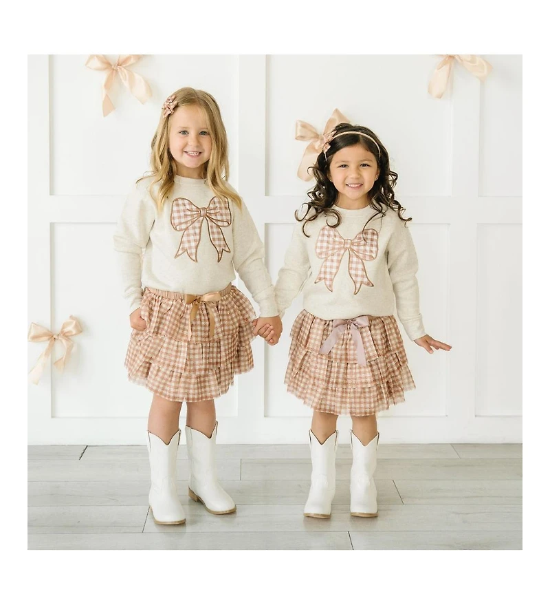 Sweet Wink Little and Big Girls Gingham Bow Patch Sweatshirt